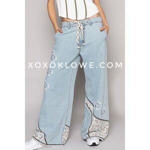 POL Floral Embroidered Patchwork Baggy Straight Leg Jeans